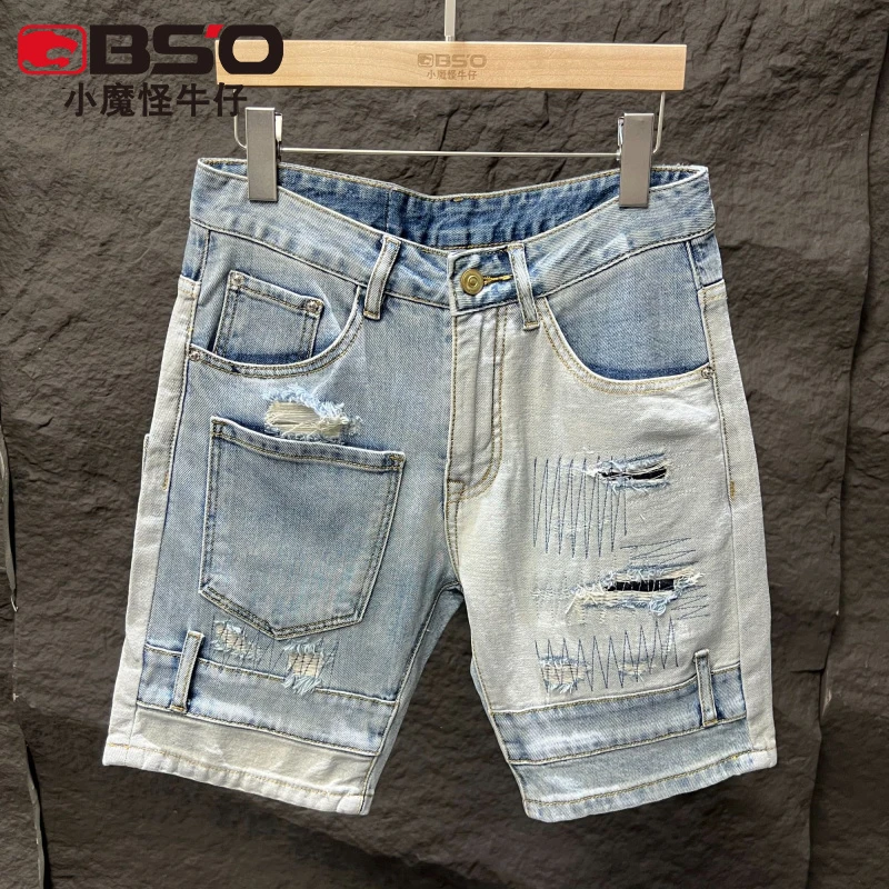 小魔怪夏季薄款撞色拼接牛仔短裤男款五分裤潮牌弹力多口袋中裤子