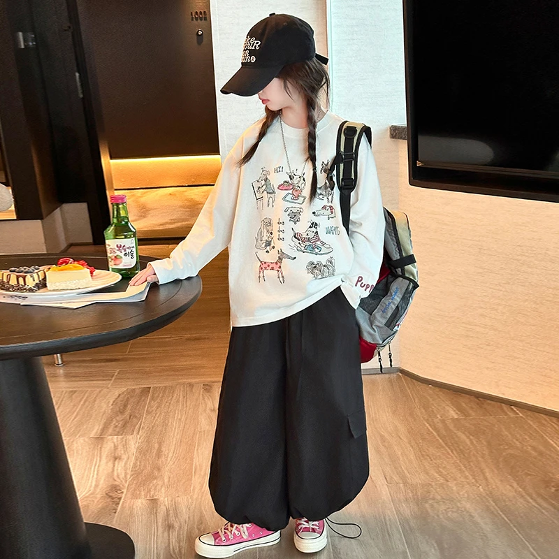 女童秋装套装2025新款韩系百搭中大童卡通狗长袖时髦工装裤两件套