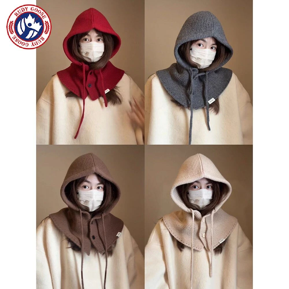 加拿大RUDY GOOSE鹅100%羊毛高品质针织连帽围巾一体帽女冬季保暖