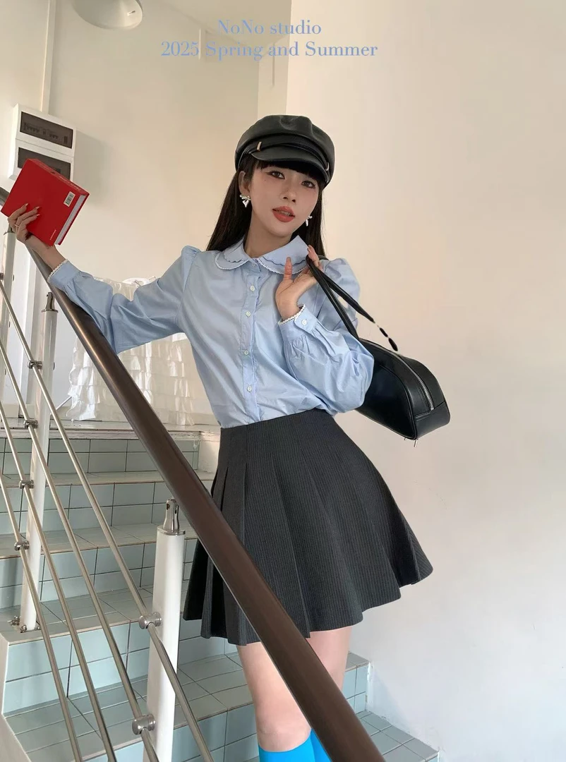 NONO@9611 韩系纯色蕾丝娃娃领衬衣 3-7