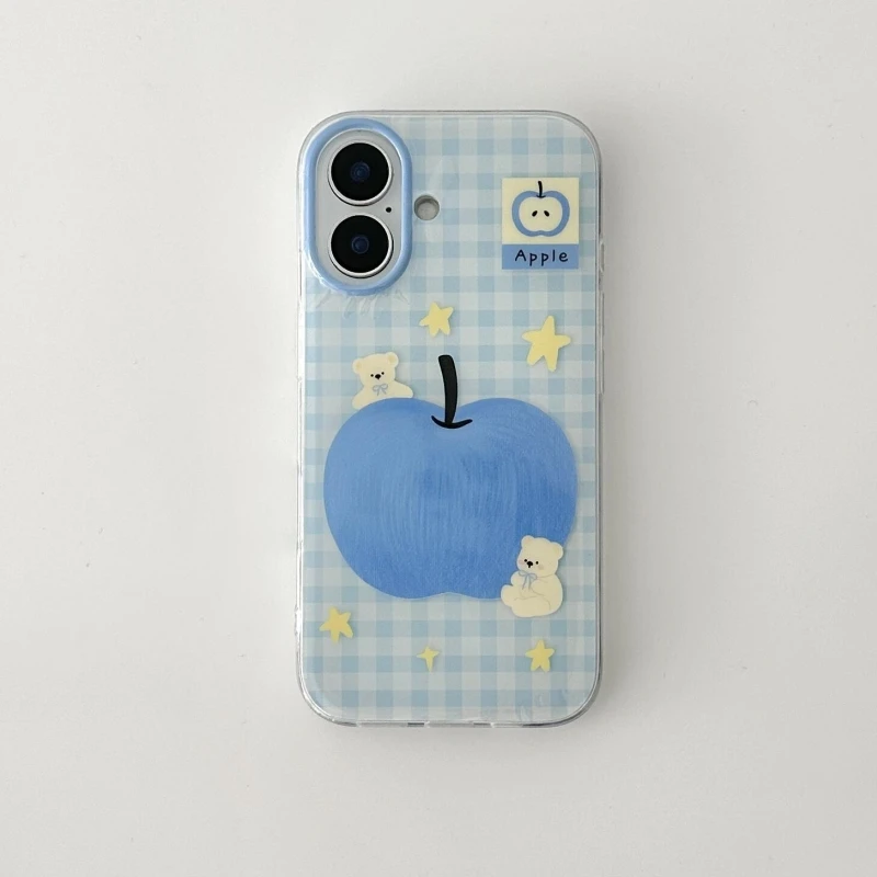 奥菲顿格纹蓝苹果小熊适用iPhone16大孔手机壳华为vivo小米oppo套