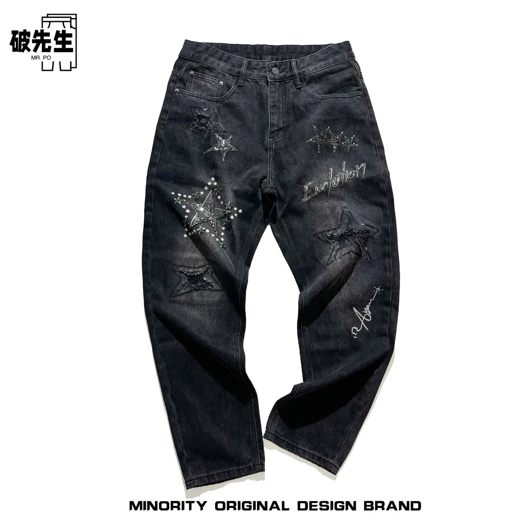Mr.po/破先生潮牌明星同款黑色烫钻牛仔裤男刮烂破洞裤星星图案