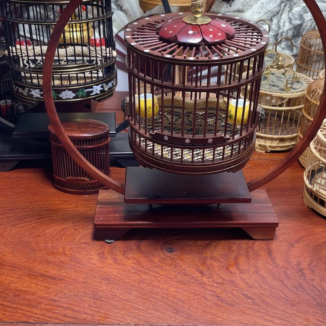 雪檀花瓣顶蝈蝈笼黄碗➕雕龙杠➕缅甸架子