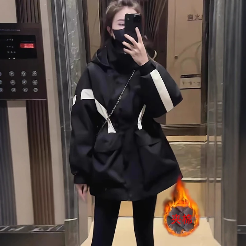 【奥莱清仓】欧货爆款连帽棉服冲锋衣女秋冬新收腰显瘦中长款夹棉