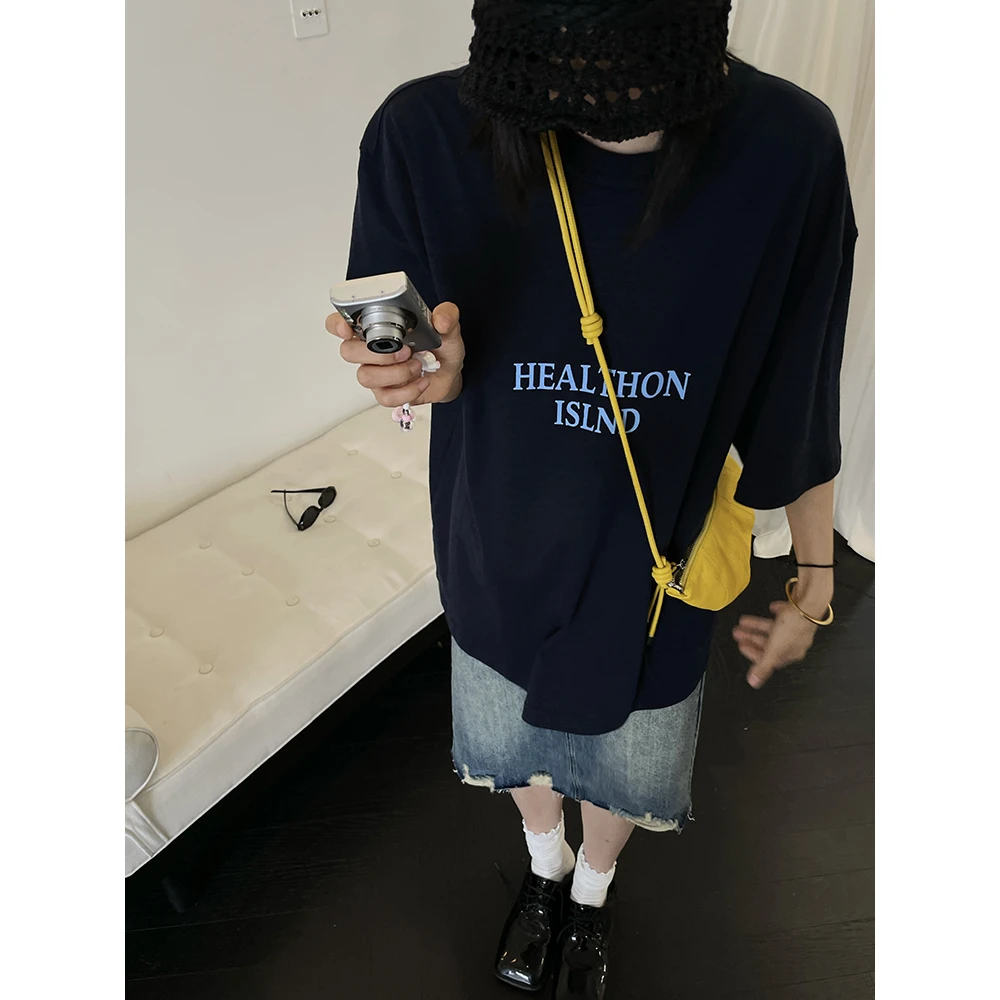 JCCC影子【复古藏蓝】深蓝色慵懒松弛字母印花短袖T恤JE5DBT10