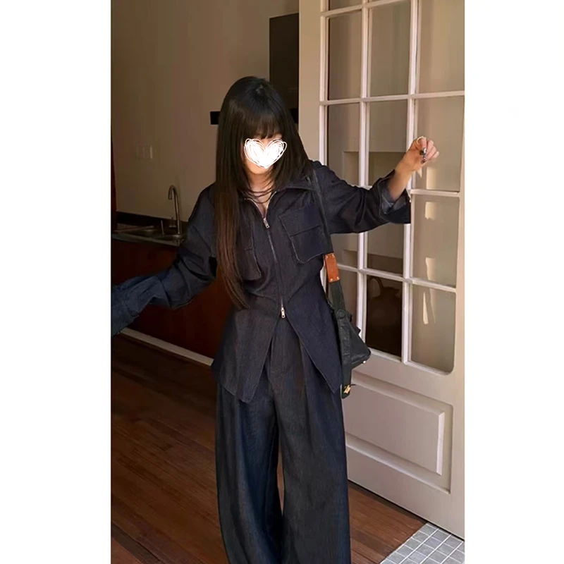 FRVXO【丹宁次方】春季新款重工质感牛仔衬衣阔腿休闲拖地裤女套装