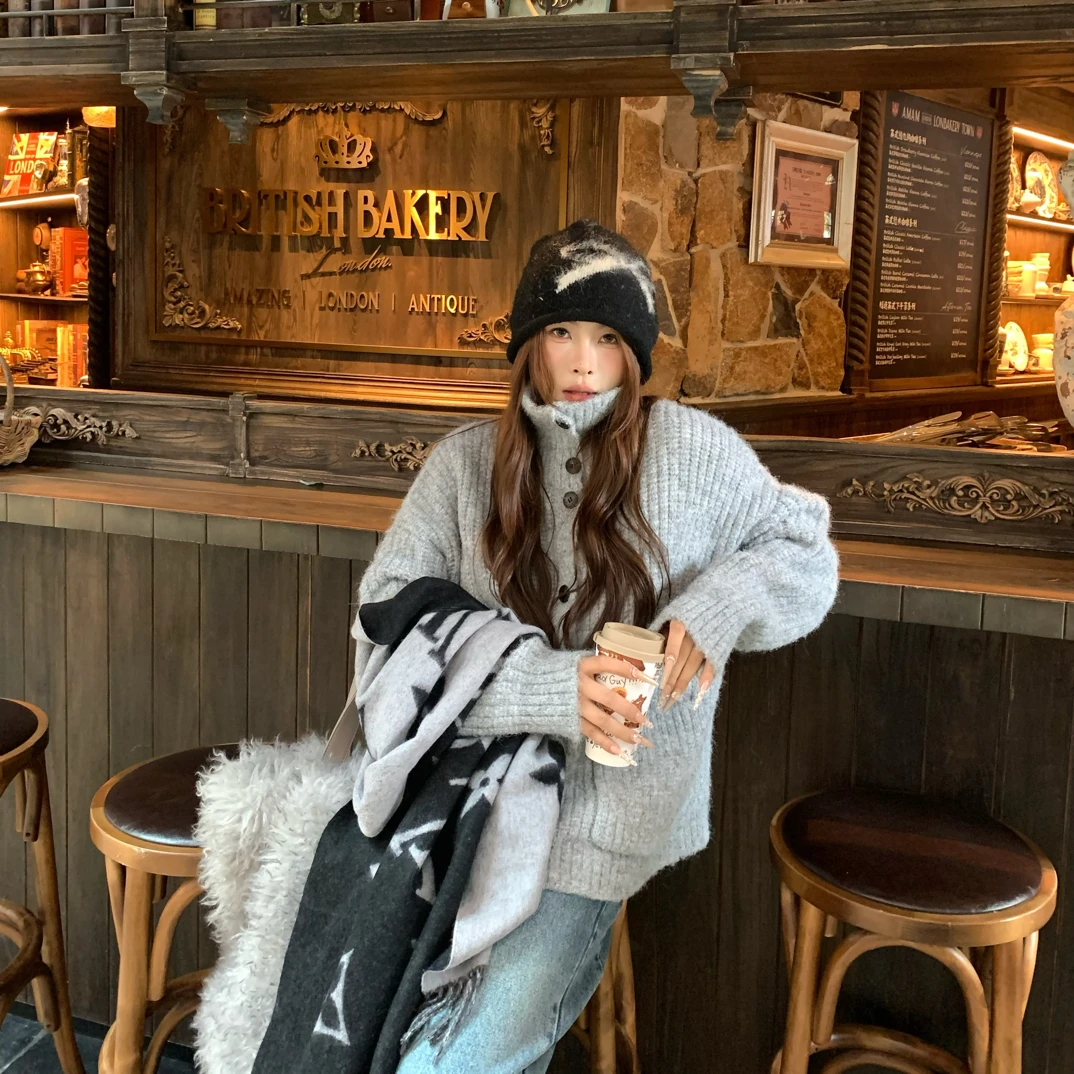 宅宅athome//伦敦手信 羊毛立领纽扣宽松针织开衫慵懒毛衣外套