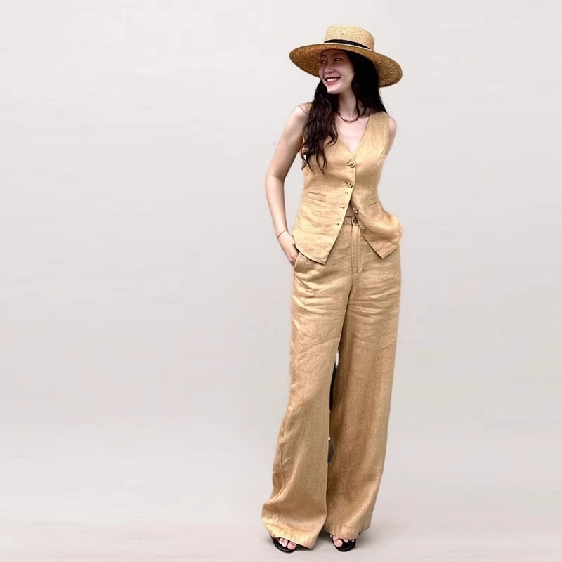 法式复古亚麻马甲短裤套装女夏季新款高级气质显瘦时尚休闲两件套