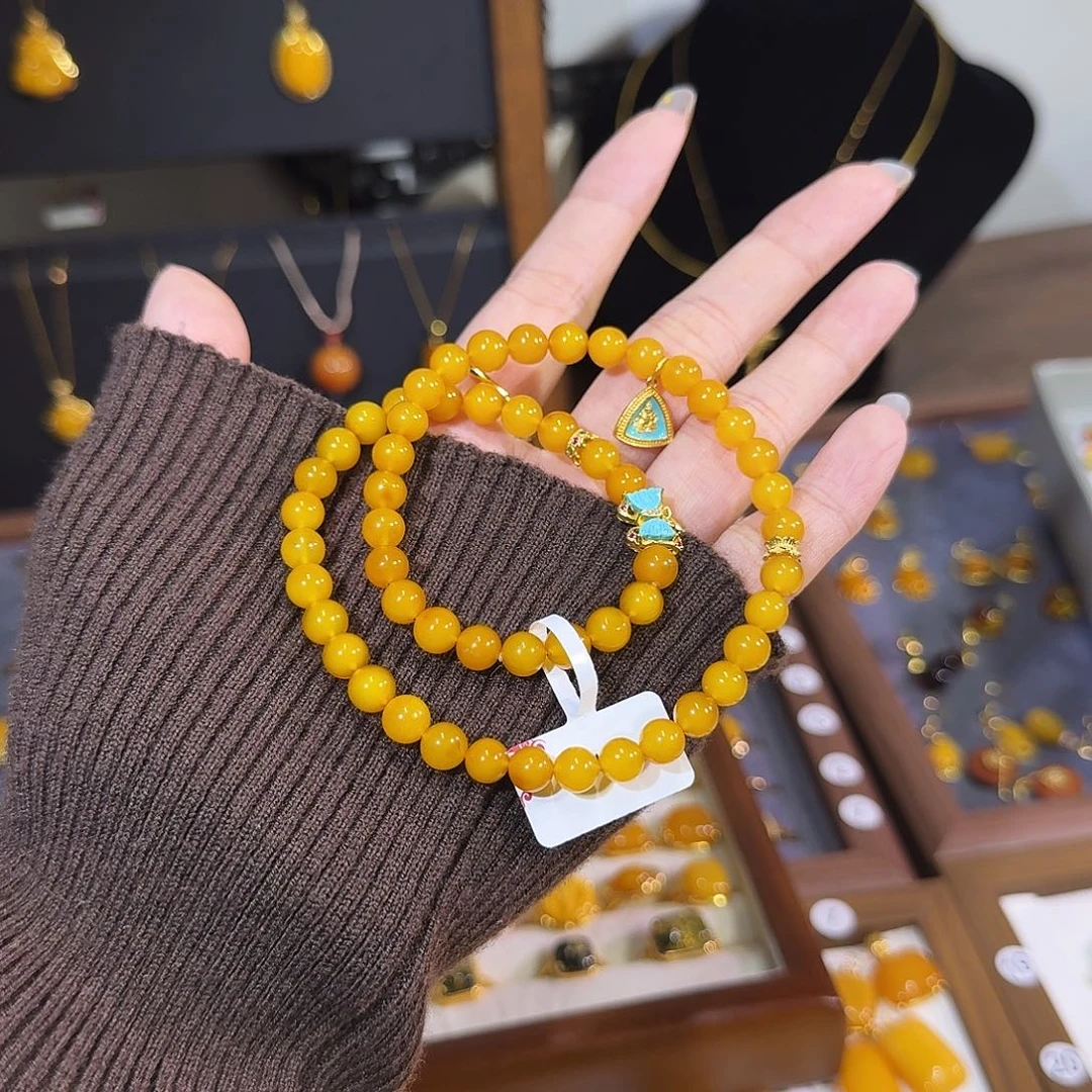 蜜蜡银S925镀金镶嵌手链蜜蜡手串