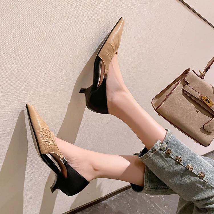 尖头春季拼色胶粘猫跟高跟单鞋浅口气质法式时尚百搭软底方头