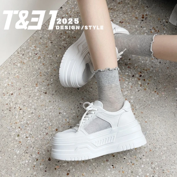T31女鞋2025夏季透网真皮松糕厚底小白鞋网面透气增高8CM休闲板鞋