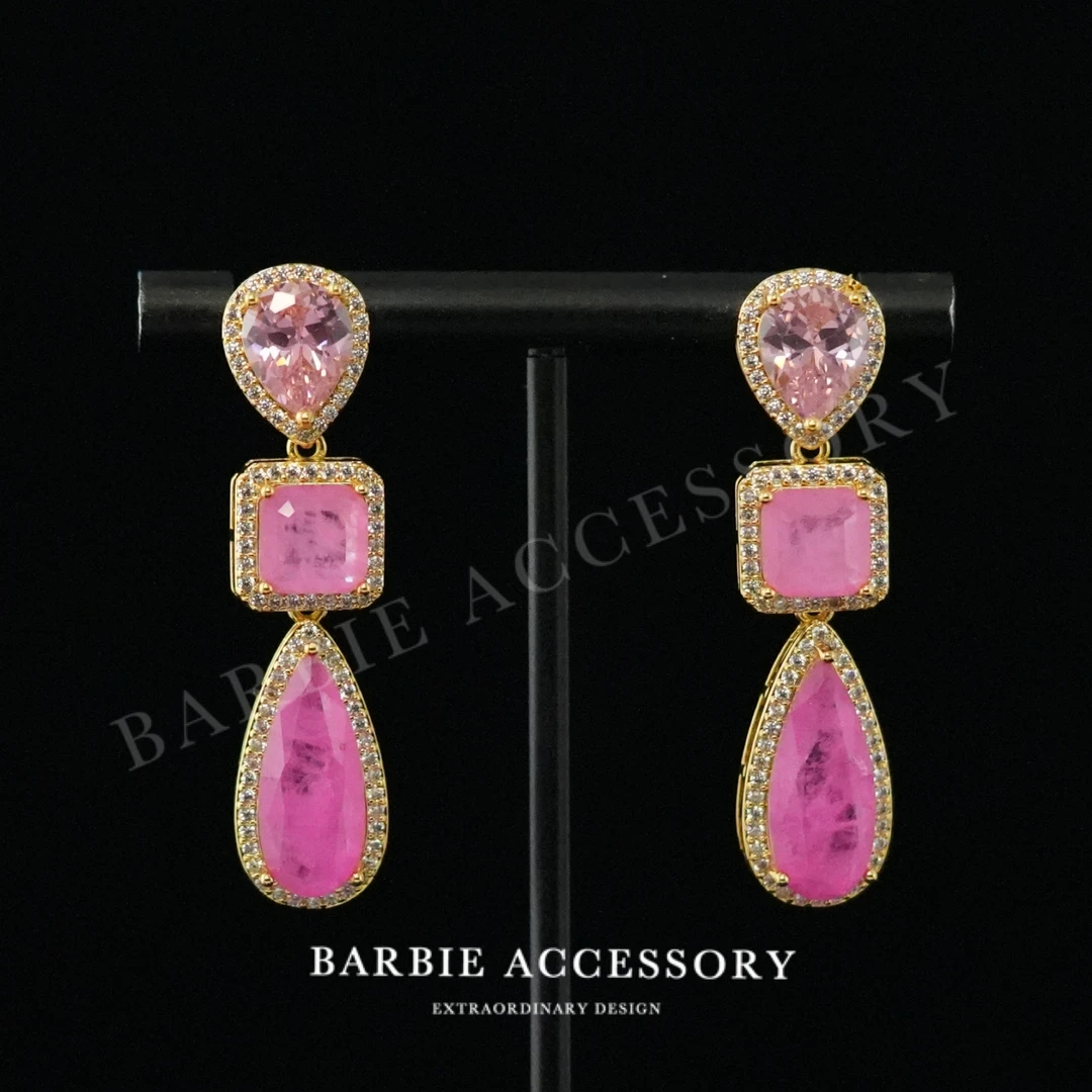 铜合金合成锆石耳饰 【痕星玫红】法式中古轻奢设计款高级感耳环