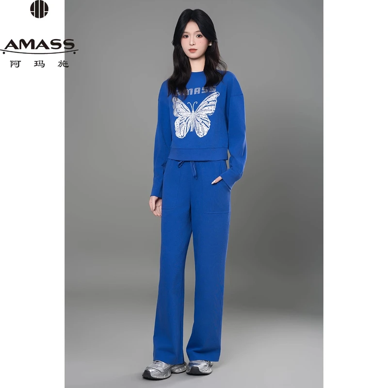 阿玛施AMASS 新款质感刷银蝴蝶工艺圆领合身版长袖套头卫衣530027