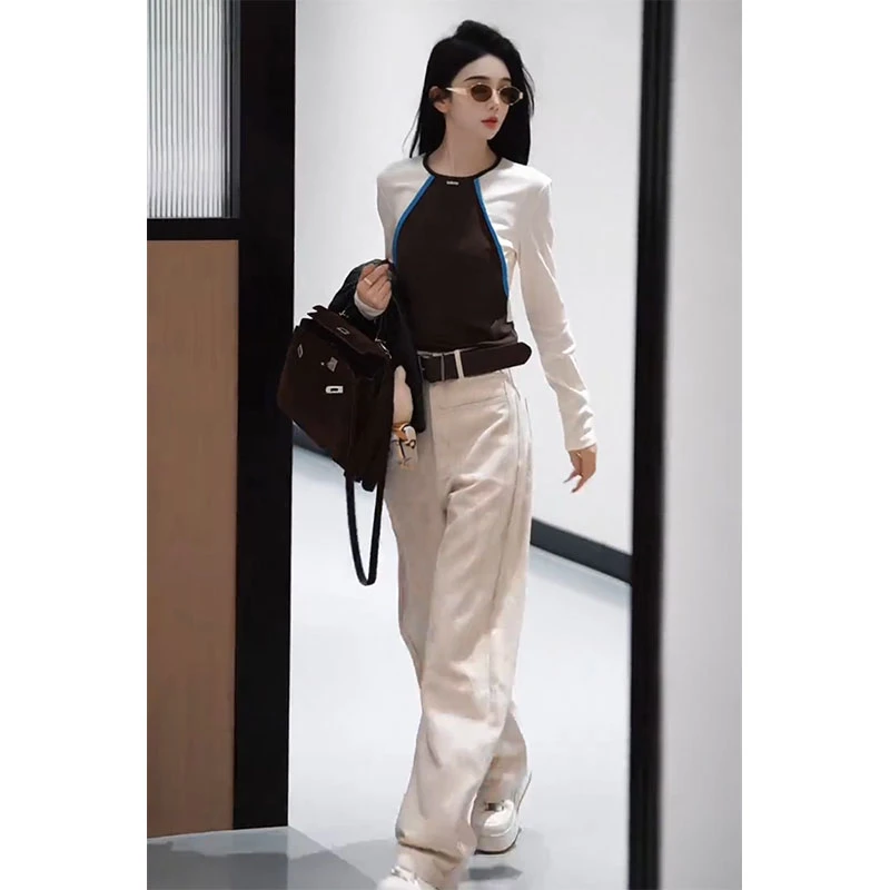 2025年秋季时尚美式穿搭撞色长袖T恤高腰显腿长休闲裤酷飒风套装