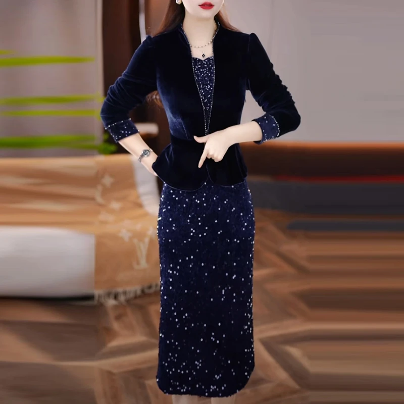 丝绒高级感轻奢女装2025冬季新款气质显瘦时尚假两件内搭连衣裙子