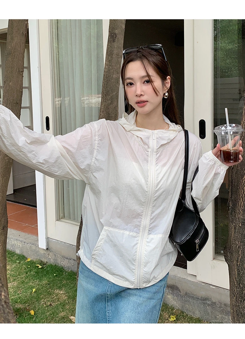 冰感防晒衬衫夏季女防晒衣防紫外线连帽白色长袖薄款皮肤衣外套