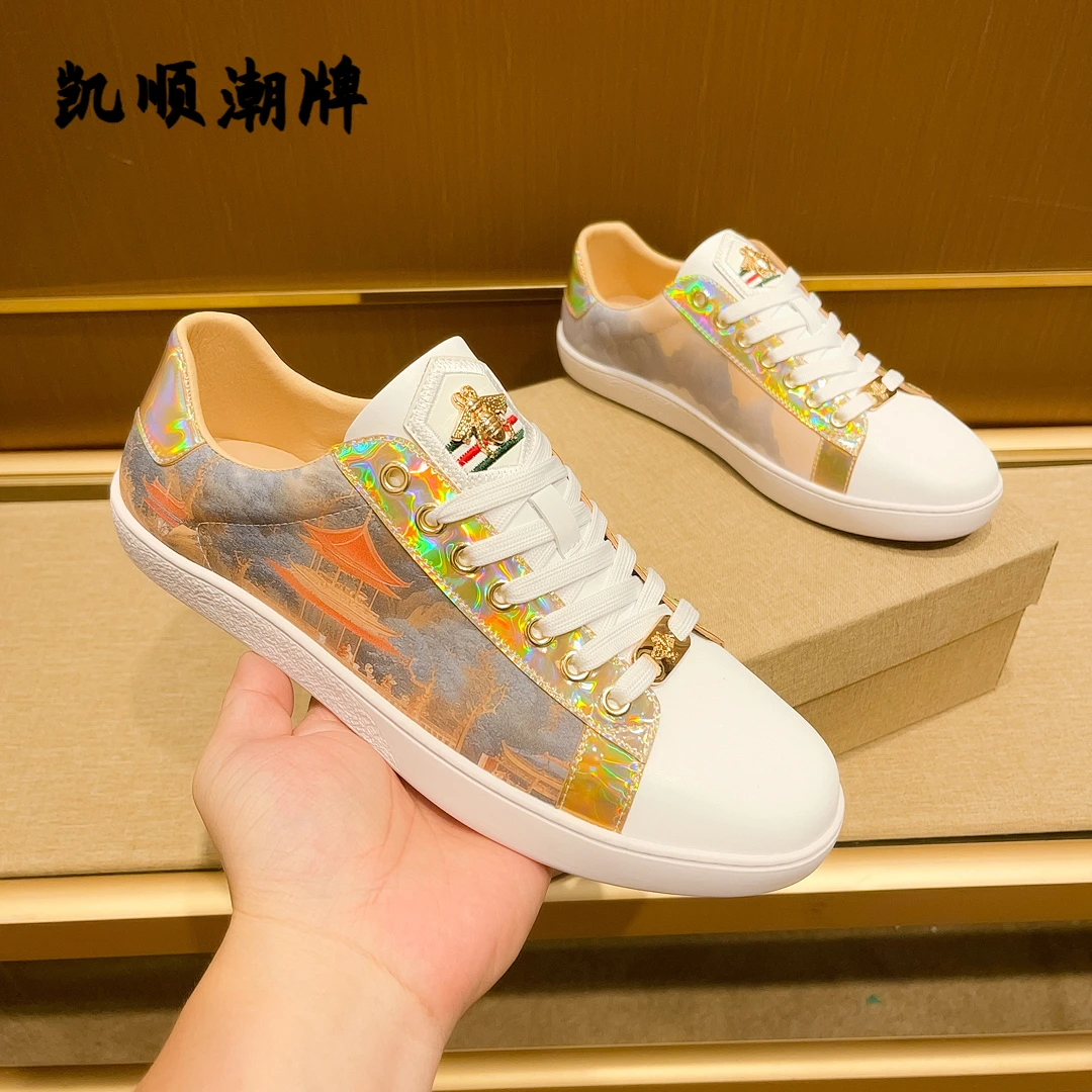 欧洲站男鞋轻奢时尚夏季透气小白鞋潮流潮鞋纯手工印花百搭板鞋