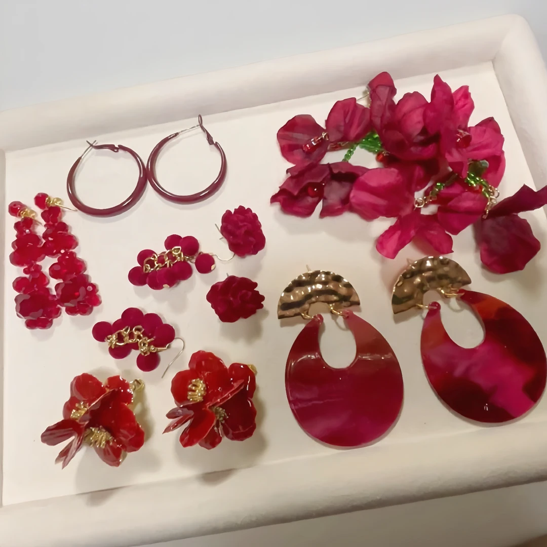 铜合金耳饰 安可拉红过年红色耳环耳饰耳钉耳夹耳坠秋冬新款女潮