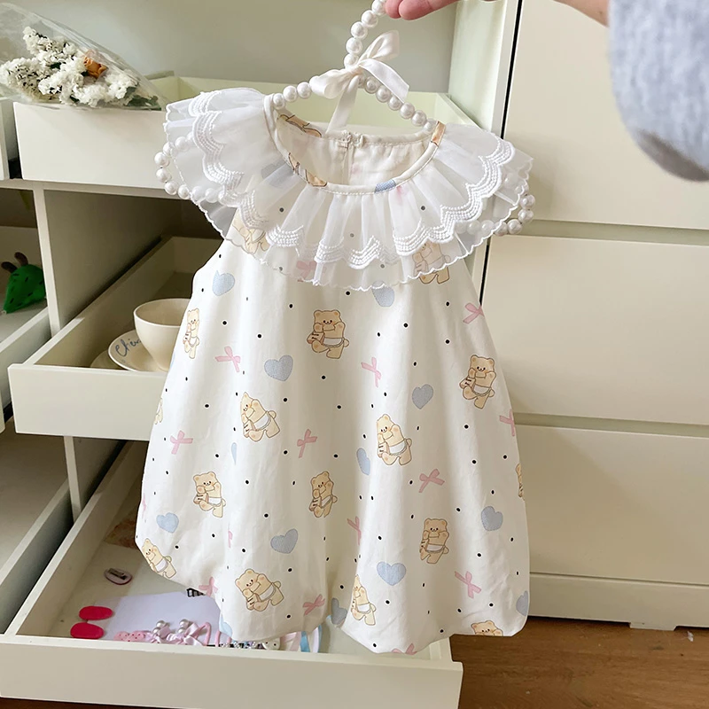 橘止皮【现货】女童ins卡通熊棉布裙夏季宝宝翻领儿童连衣裙DZ25111