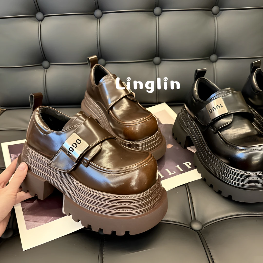 玲lin【90年代】新款真皮厚底魔术贴渐变擦色金属扣乐福鞋
