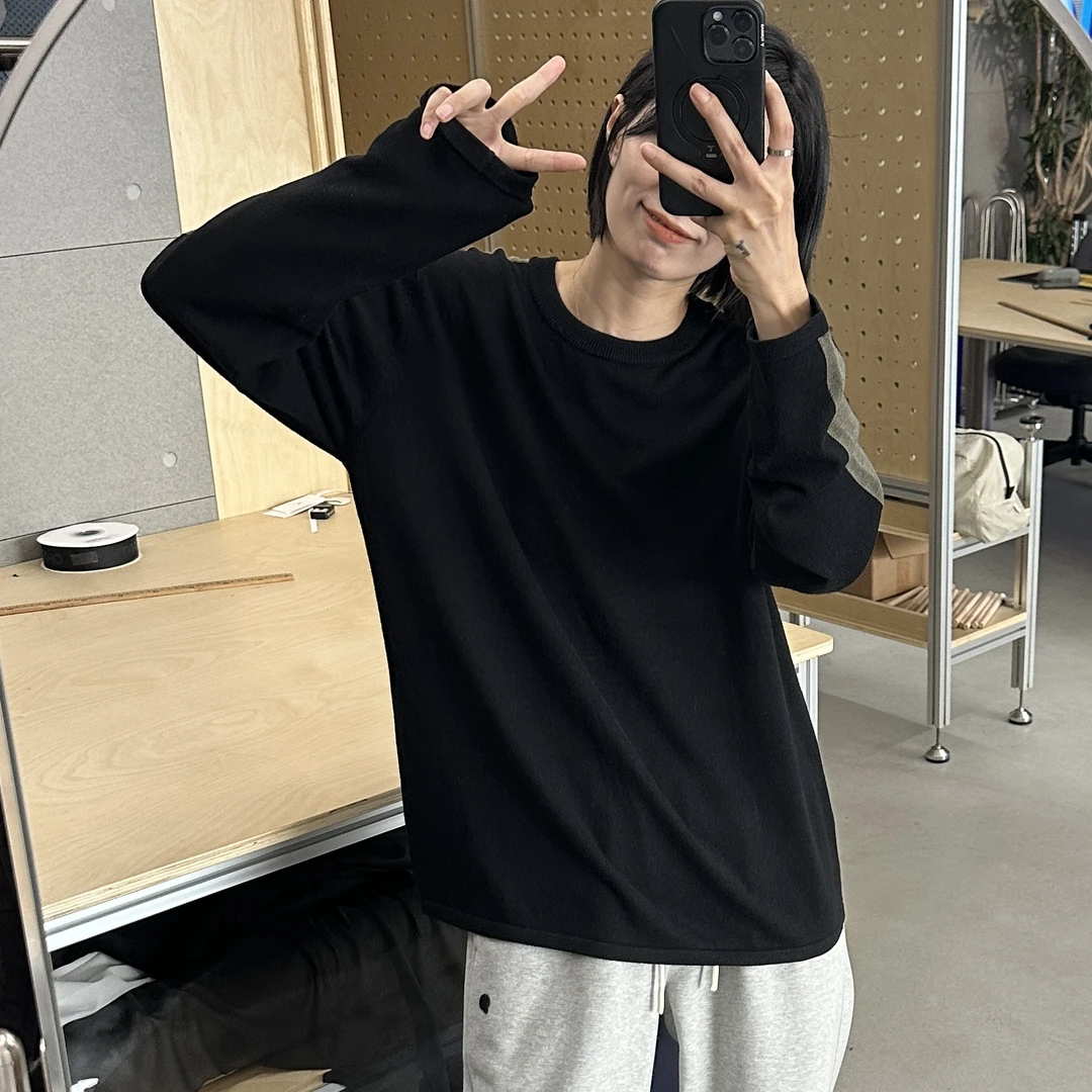 琴仔 黑色简约拼色宽松大版毛针织衫 D5030