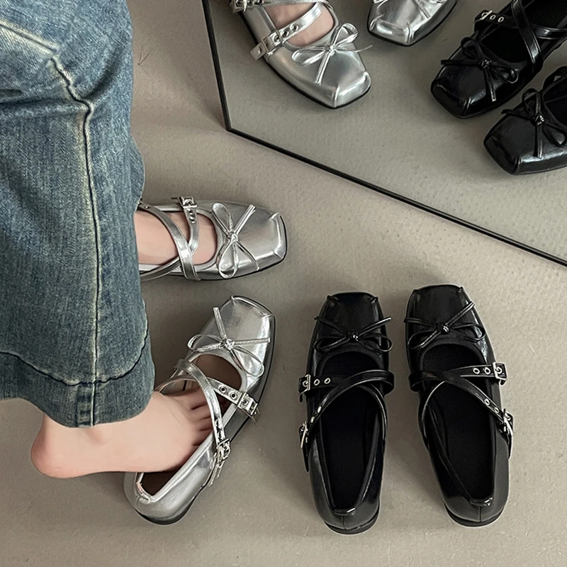 OJRZ时尚百搭浅口芭蕾单鞋女2025新款法式蝴蝶结交叉扣带玛丽珍鞋