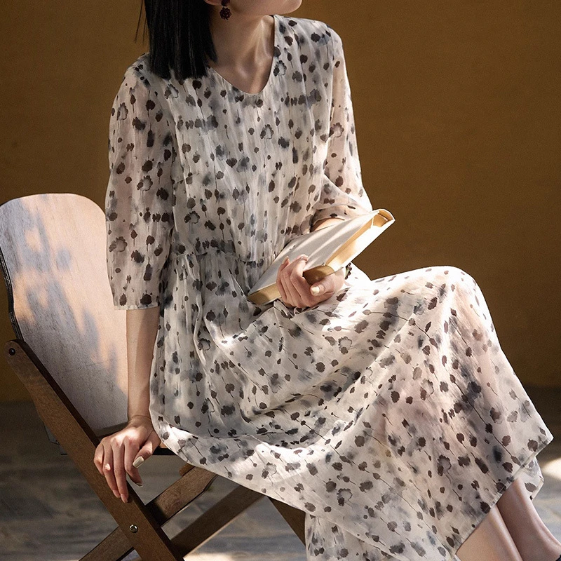 天丝亚麻水墨印花连衣裙 高端波点高腰中长裙子 2025夏季新款女装