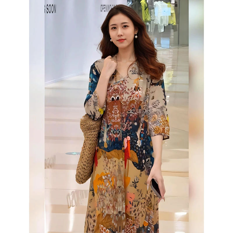 欧若风复古印花连衣裙女2025夏季新款裙子宽松遮肉法式度假长裙女