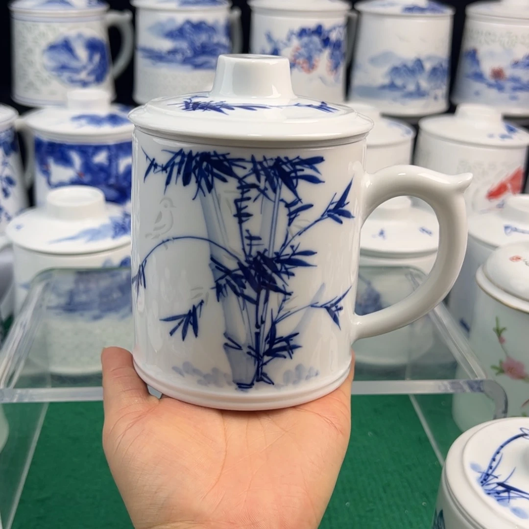 一***天景德镇手绘竹报平安办公杯