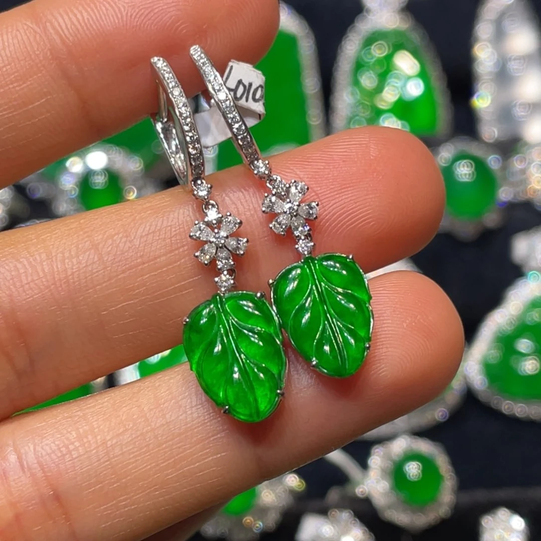 翡翠耳环18K金镶嵌叶子耳环