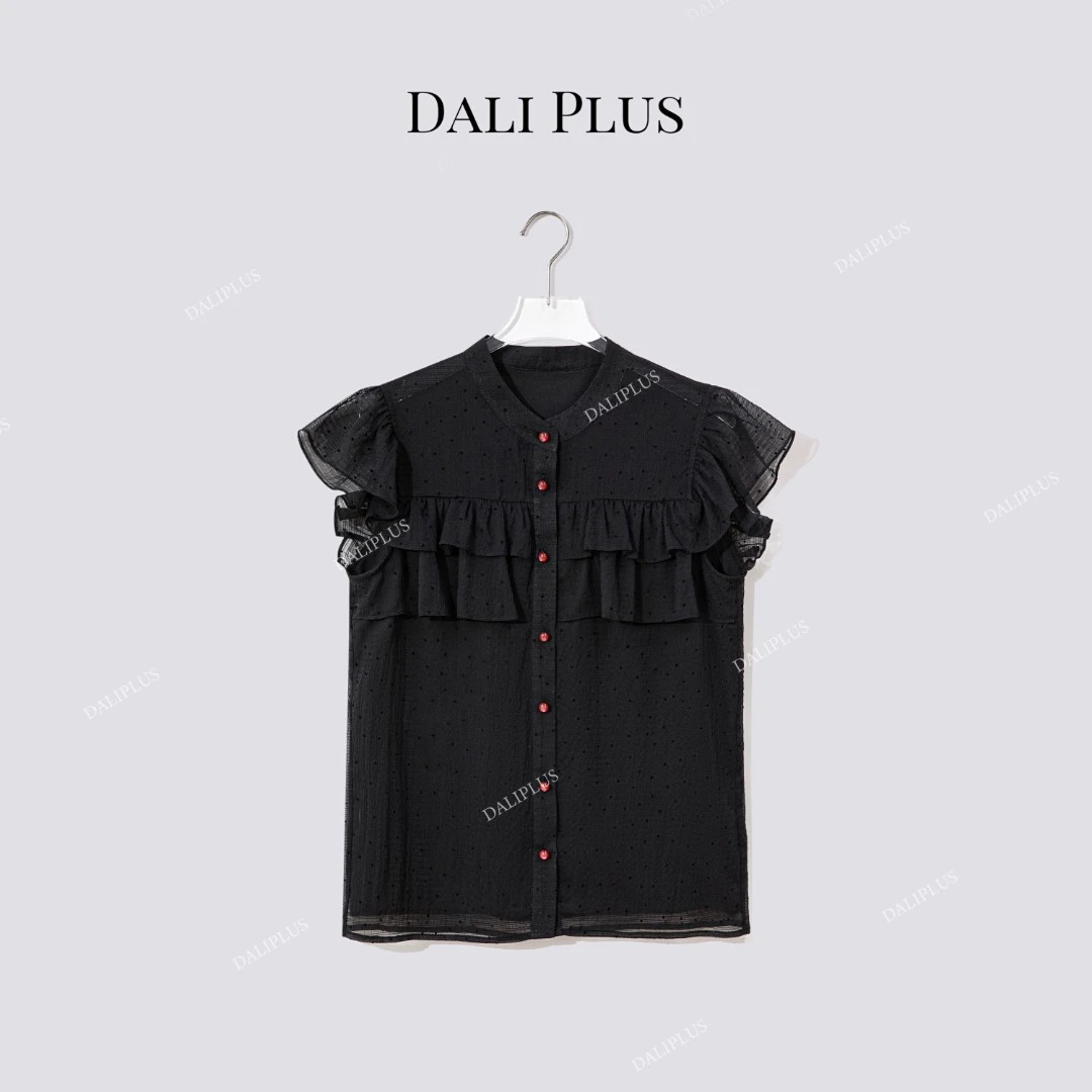 DALI PLUS“黑植绒波点衬衫”夏季红纽扣飞袖荷叶边衬衣-D5SS7164