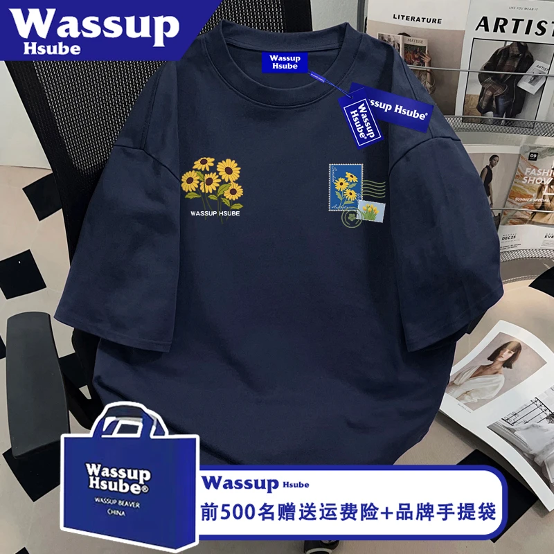 WASSUP HDUBE夏季向日葵印花半袖高级感藏青纯棉短袖ins男女款T恤