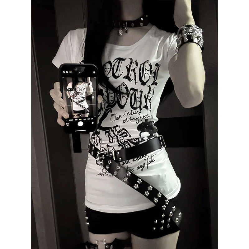 美式复古骷髅字母印花白色短袖T恤女夏季新款收腰辣妹别致上衣潮