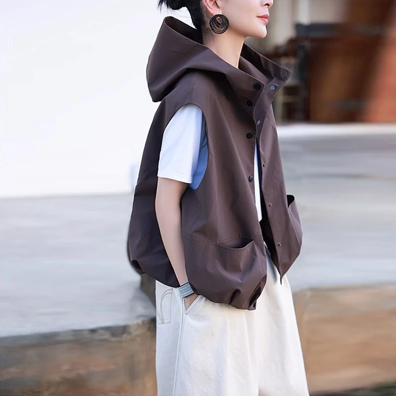 韩版宽松显瘦百搭休闲连帽叠上衣外套女春秋新款无袖个性马夹