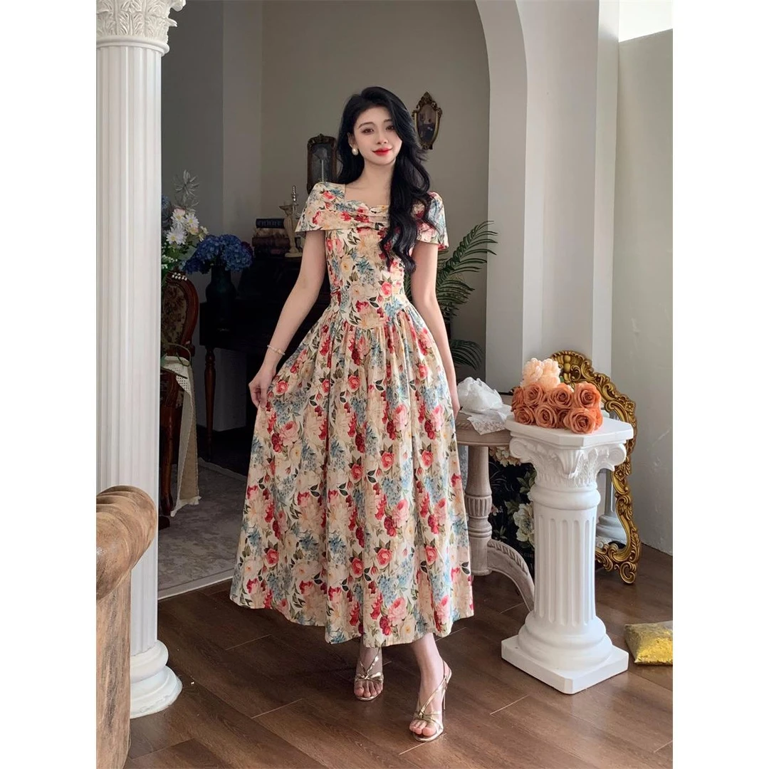 胖mm茶歇法式复古碎花裙收腰显瘦2025夏季新款气质大码连衣裙女装