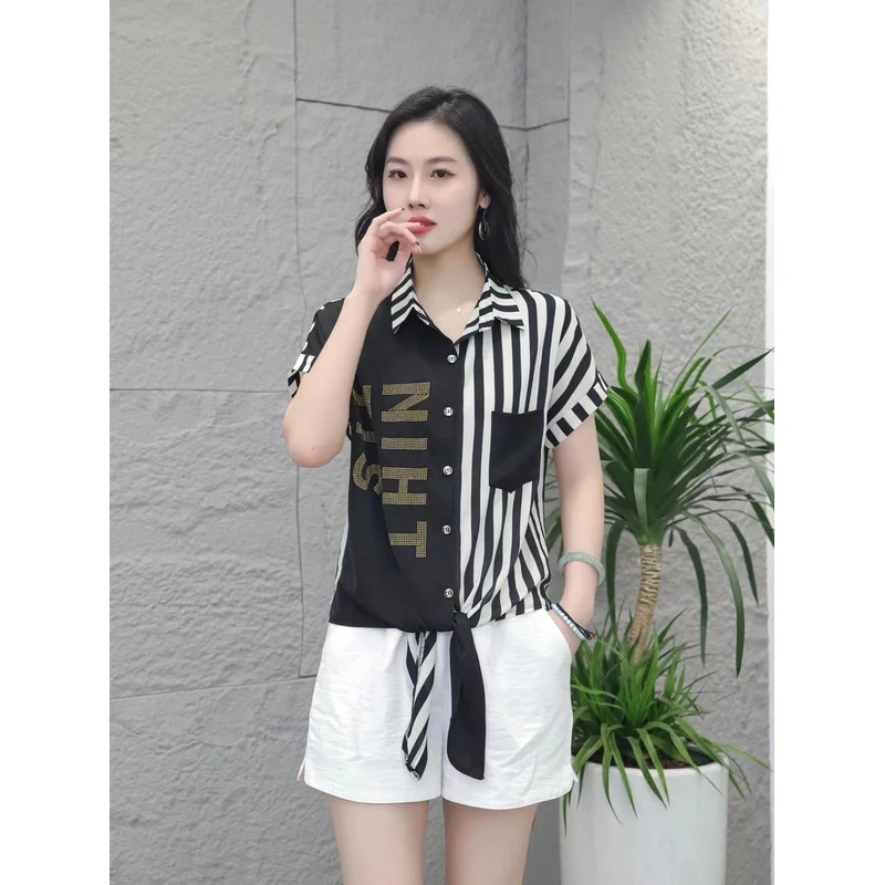 韩版时尚女装9819夏新款气质条纹显瘦百搭短袖上衣衬衫女休闲