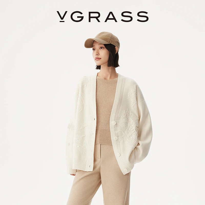 【一片云针织】VGRASS25冬季新款立体肌理绣绵羊毛混纺针织开衫女