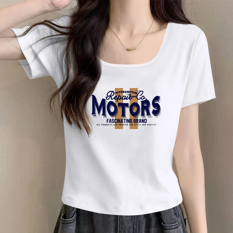 方领短袖t恤女高级感正肩夏季设计感辣妹显瘦短款纯欲印花ins上衣