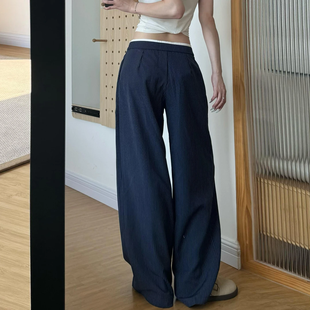 美式复古条纹休闲裤女2025早秋季新款宽松显瘦薄款小个子阔腿裤子