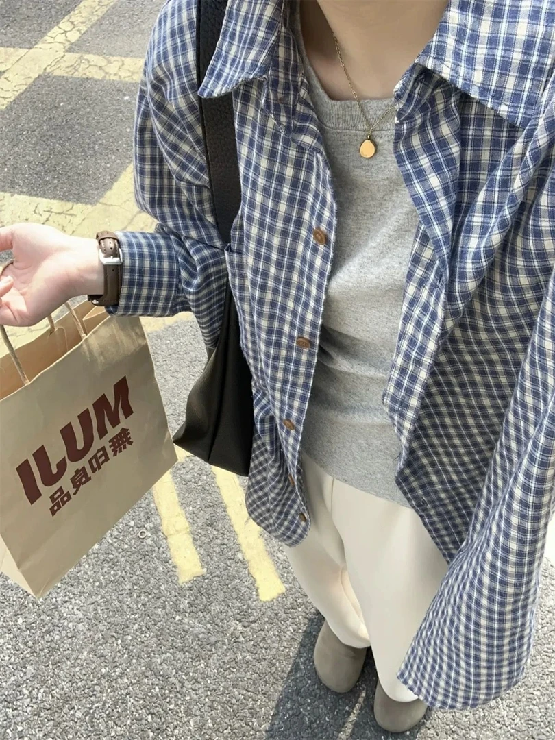 复古宽松慵懒风格子衬衫女早秋新品韩版休闲简约长袖外搭通勤小衫
