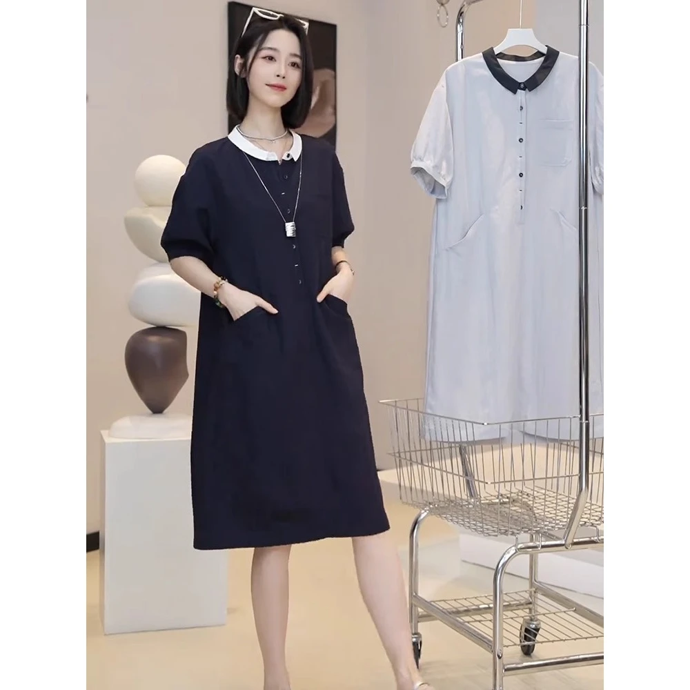 【夏季穿搭】今年流行的撞色翻领设计感减龄宽松中长款短袖连衣裙子
