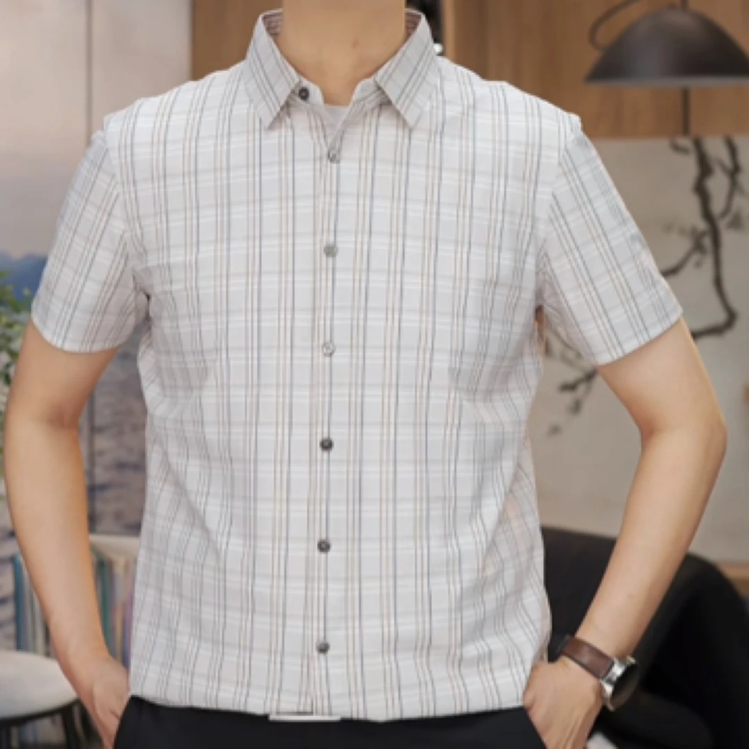 美尔森商务休闲衬衫款高端短袖衬衣夏季宽松时尚格纹薄款透气X178