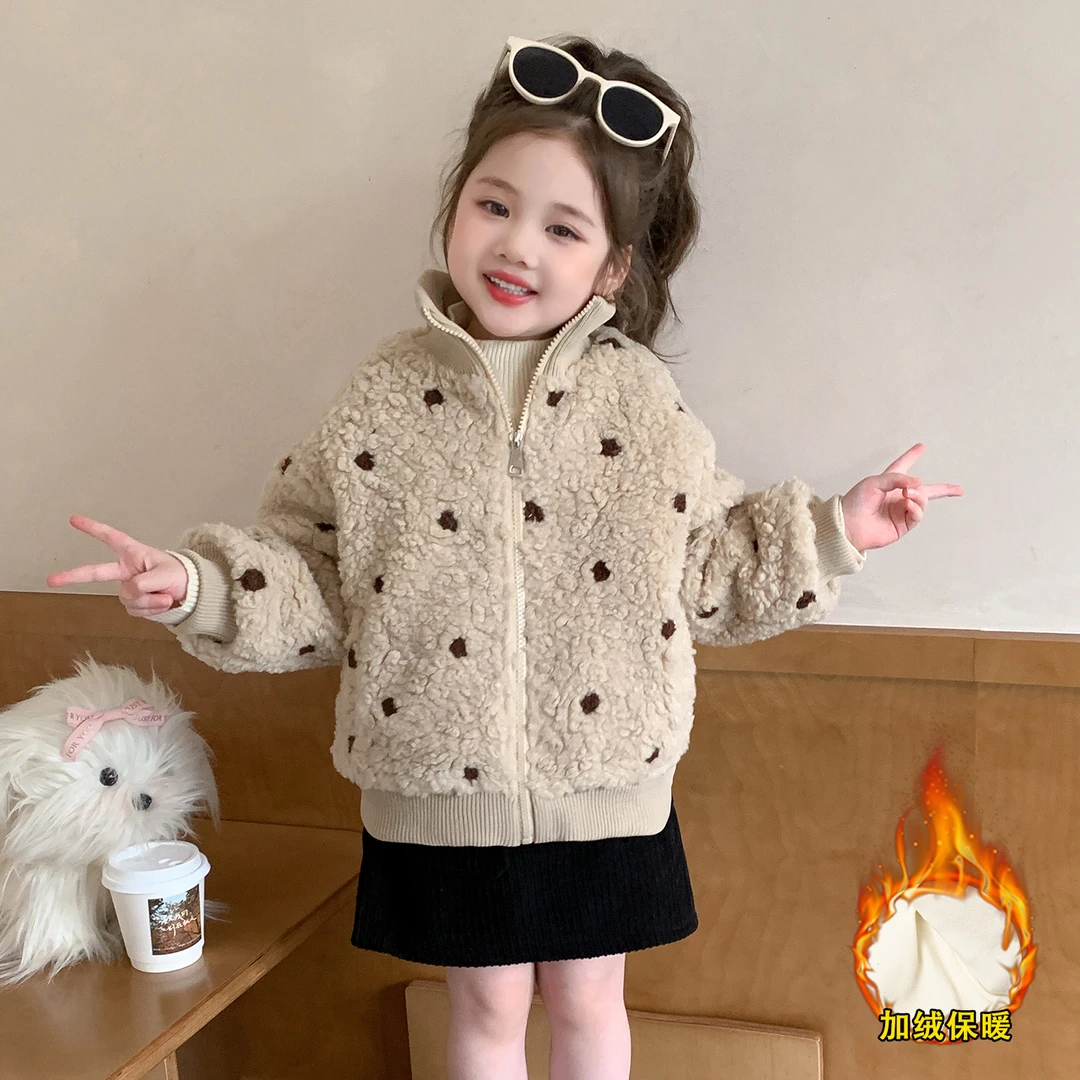 女童冬装洋气绣花点点加厚外套2025新款儿童时尚小女孩百搭毛毛衣