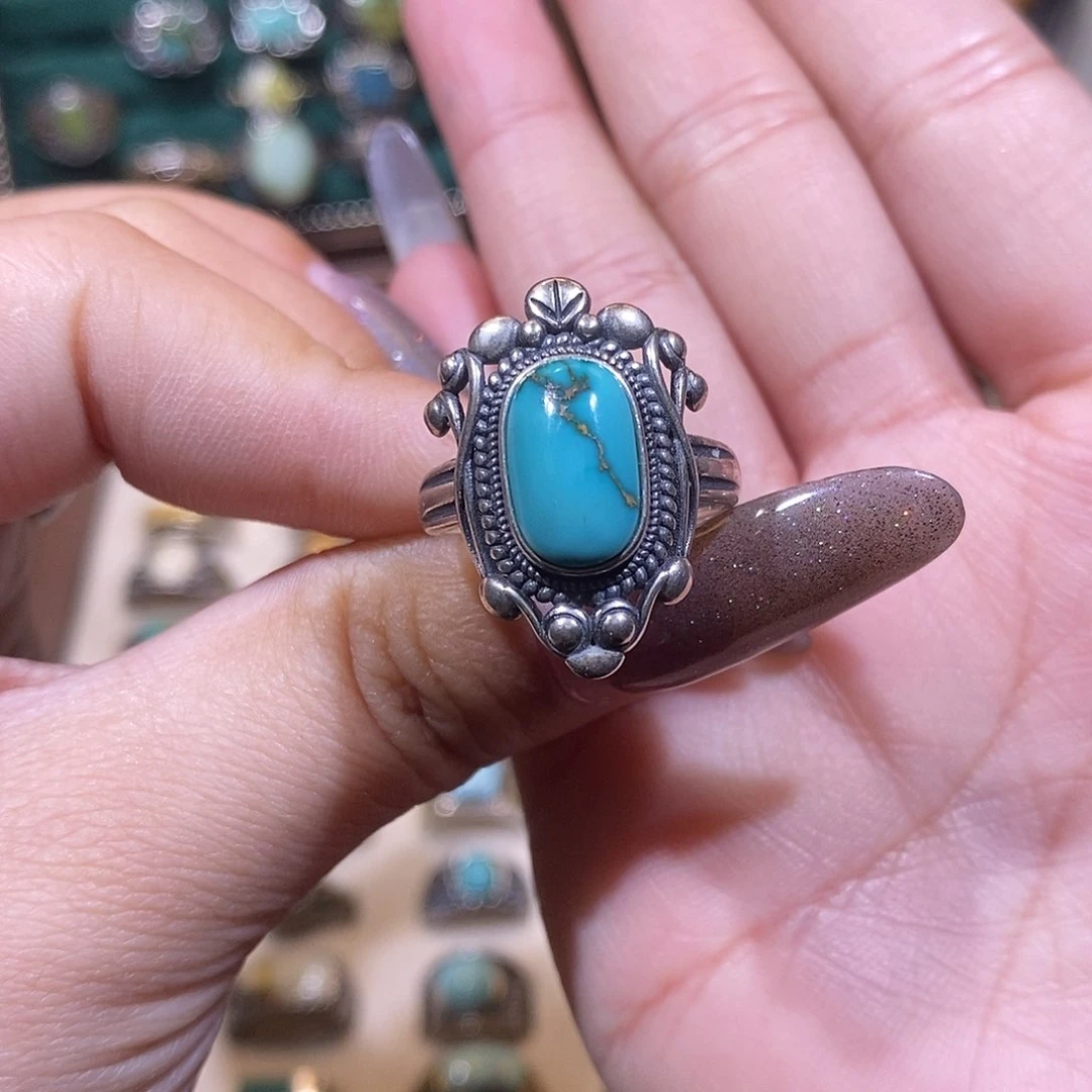 ****果绿松石银S925镶嵌戒指戒指