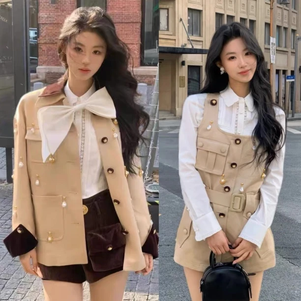 《no退no换默认微瑕》小清店卡其色巴恩风风衣订珠外套短裤半裙衬衣