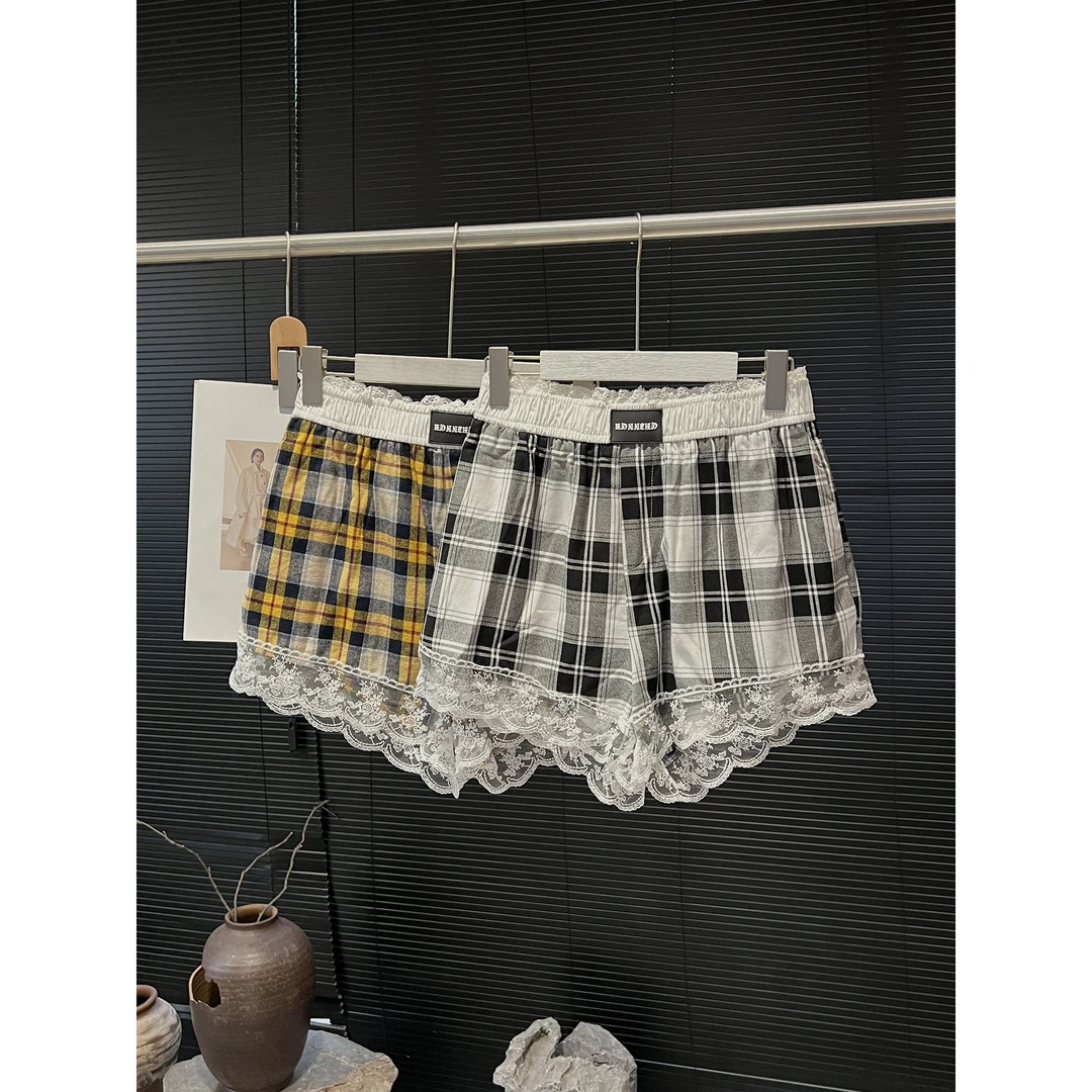 蕾丝边格子短裤99296