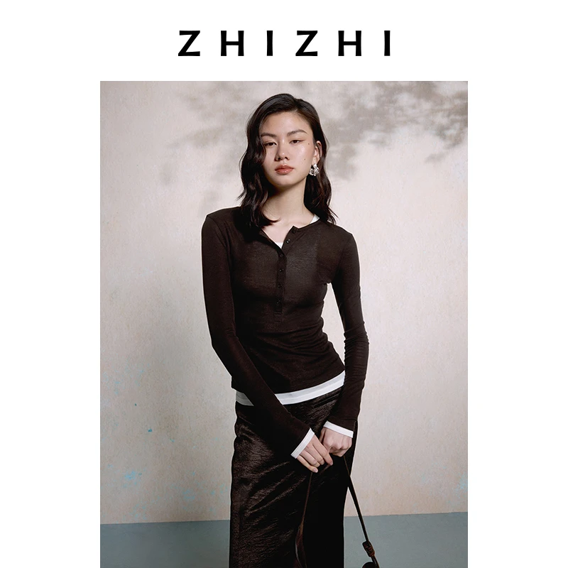 致知 月中行 天丝羊毛假两件长袖T徐25年秋季新款上衣ZZ2EAWT9002
