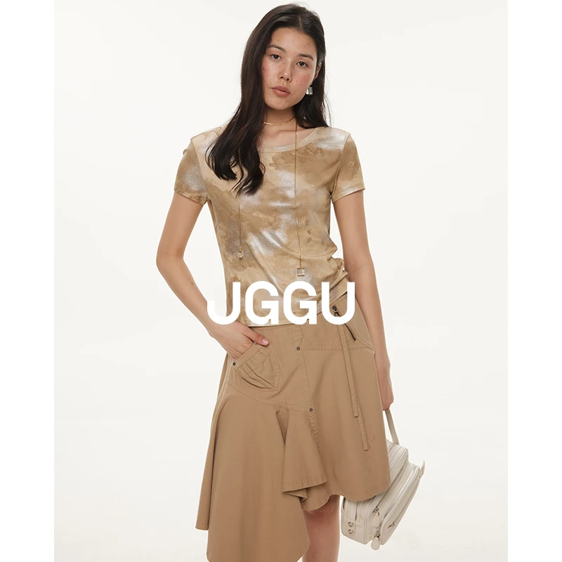 JGGU晶咕黑标【浮光掠金】撒银工艺晕染感印花短袖T恤女修身上衣