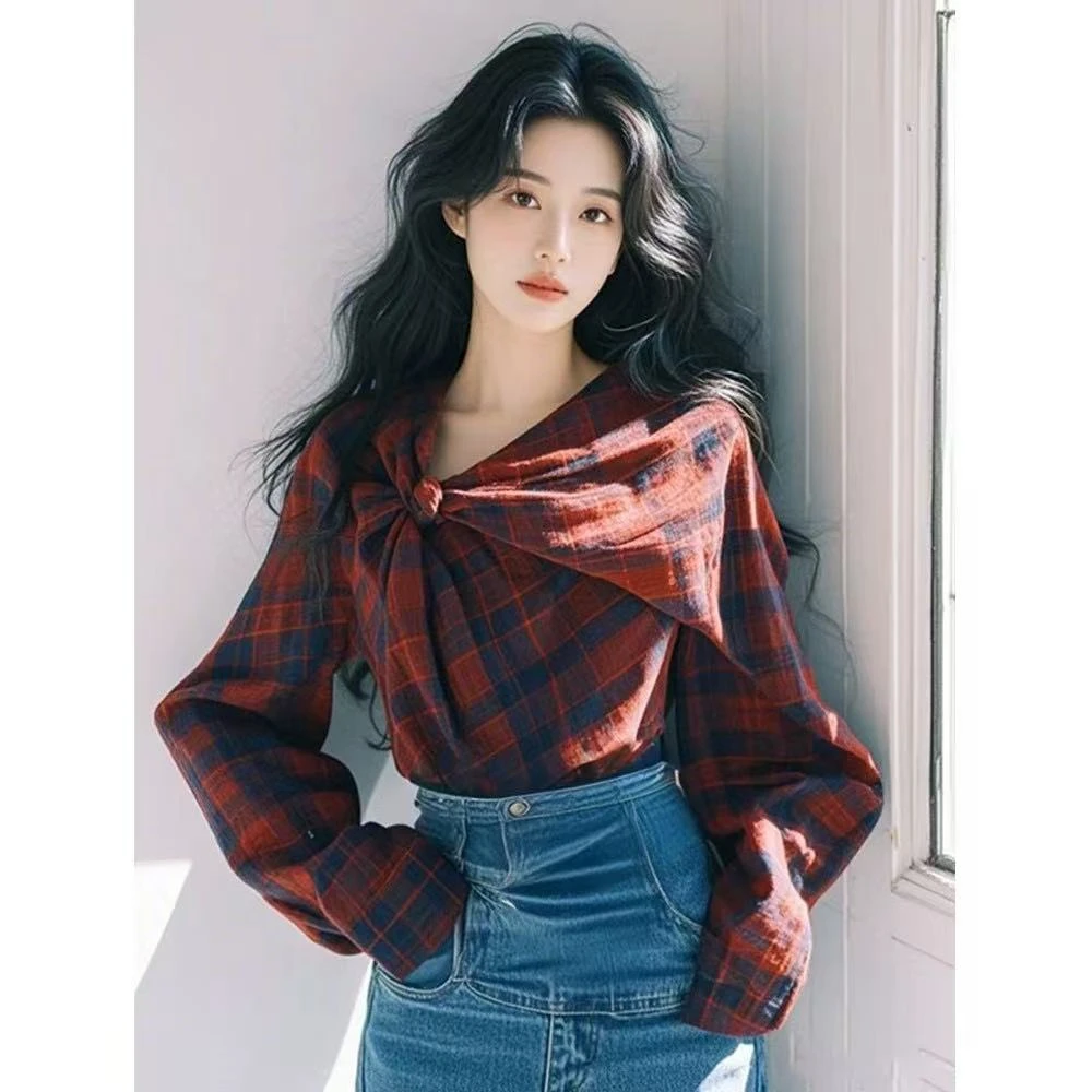 红蓝撞色格纹扭结长袖衬衫女春秋设计感独特别致好看内搭叠穿上衣