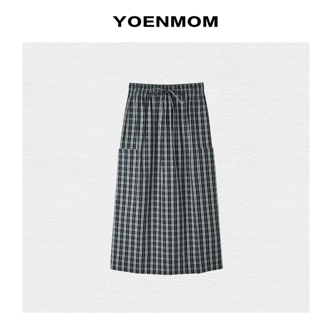 YOENMOM·格纹岁月·100棉复古文艺大口袋设计m*iu系休闲款半身裙